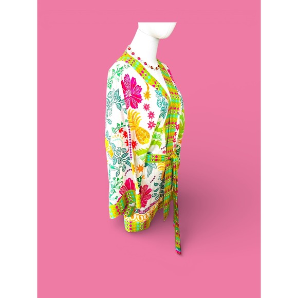 Farm Rio Queen of Fruits Tropical Kimono Jacket SZ‎ Lge Tie Beaded Tassel Fringe - Picture 6 of 16